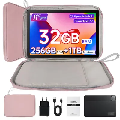 Produktbild von Tablet 11 Zoll mit Android 16, 32(3+29)GB RAM, 256 GB ROM (erweiterbar auf 1 TB per TF-Karte), 5 MP + 8 MP Kamera, WLAN 6, 7800 mAh, inklusive Tasche
