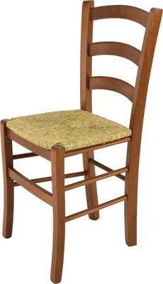 A wooden chair with a straw seat is shown against a white background.