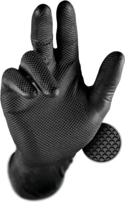 A black nitrile glove with a textured grip is shown against a white background.