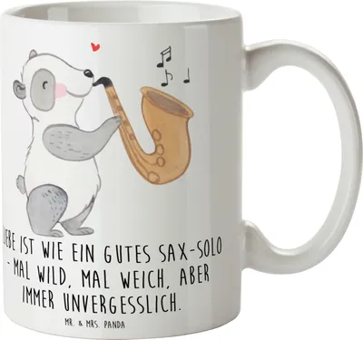 Produktbild von Mr. & Mrs. Panda Tasse Saxophon Liebe - Weiß - Geschenk, Bedruckte, Trinkbecher, Emotionen, Musiker, Lernen, Musik, Kaffeetasse, Solo, Holzblasinstrument, Becher, Jazz