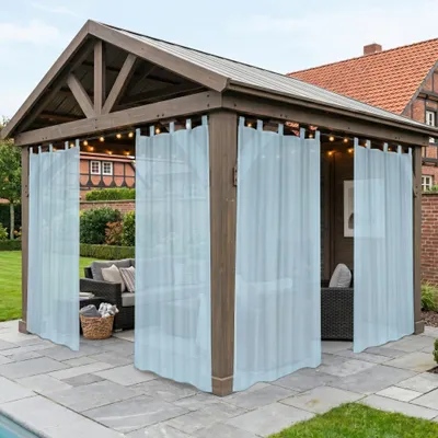 Produktbild von 2er Set Outdoor Halbtransparent Vorhänge Wasserdicht Wetterfest Vorhang Gardinen für Außen Balkon Terrasse Hof Garten, B132xH213cm, Blau
