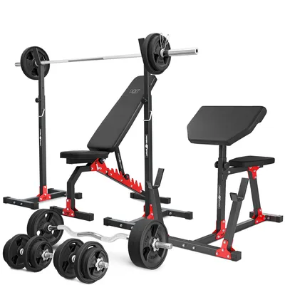 Produktbild von Marbo Sport Set MH9_151KG_KIER_G | Hantelbank + höhenverstellbarer Hantelständer +Scott-Bank + Stangen- und Hantelscheiben gummiert Set 113 kg