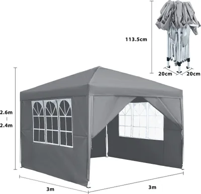 Obrázok produktu pre LZQ 3x3m skladací pavilón Skladací pavilón so 4 bočnými stenami, záhradný pavilón, vodotesný, UV ochrana, párty stan, vrátane tašky, sivý