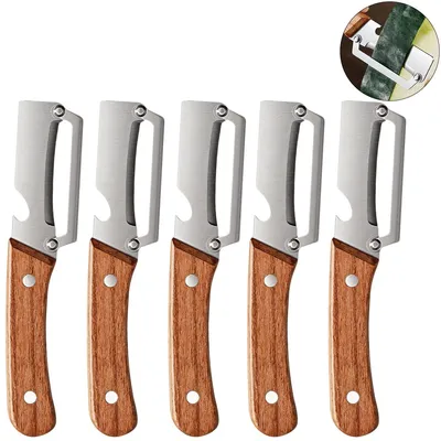 Produktbild von 5er Gemüseschäler mit Holzgriff und Flaschenöffner, 2-in-1-Sparschäler aus Edelstahl für Obst wie Äpfel, Kartoffeln, Kürbis und Papaya