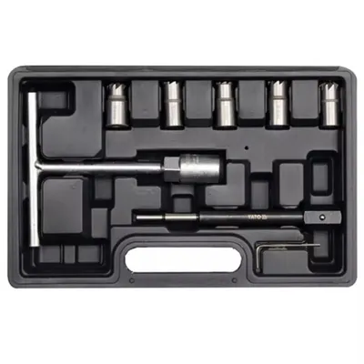 A tool kit laid out in a black plastic case.