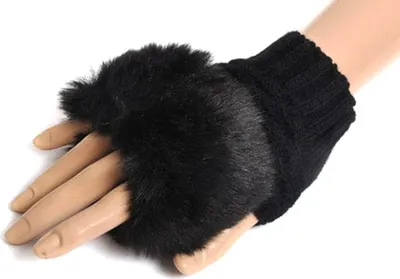 Produktbild von Mode Frauen Faux Kaninchen Pelz Hand Handgelenk Wärmer Winter Fingerlose Strickhandschuhe - (Schwarz)