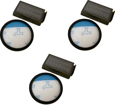 Three sets of vacuum cleaner filters, each consisting of a rectangular pre-motor filter and a circular post-motor filter, arranged in a diagonal pattern on a white background.