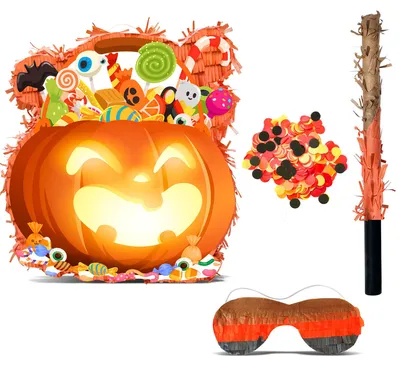 Halloween-Kürbis-Piñata mit Stock, Augenbinde & Konfetti