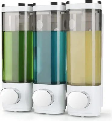 Immagine prodotto di Distributore di sapone per montaggio a parete senza foratura, in plastica bianca e nera, adatto per cucina, bagno, toilette per gel doccia, shampoo, sapone (3 x 300 ml)