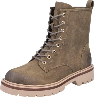 A single green lace-up boot is shown against a white background.