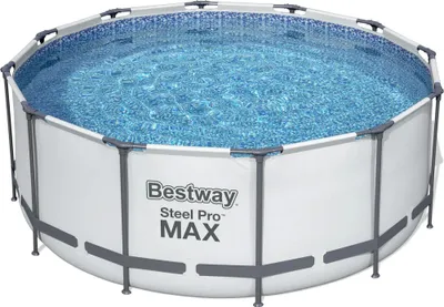 An above-ground swimming pool filled with water.
