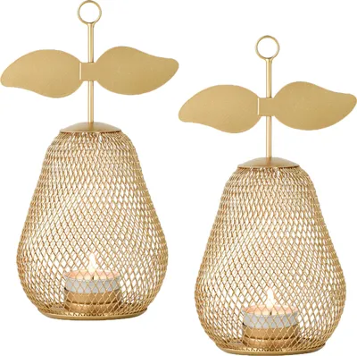 Produktbild von Marrakesch 2er Set Aesthetic Deko Aesthetic Teelichthalter aus Metall 23 cm groß | Kerzenständer Pear Gold als Garten Wohnzimmer Tisch Deko | Moderne Deko Windlicht Kerzenhalter für Teelichter