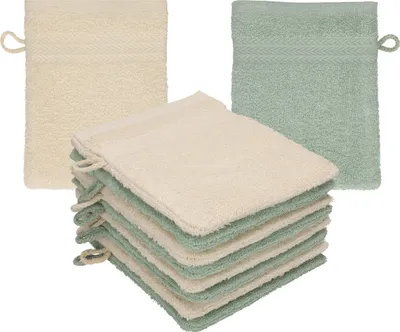 Produktbild von Betz 10 Stück Waschhandschuhe 16x21 cm PREMIUM 100% Baumwolle  Farbe: sand - heugrün