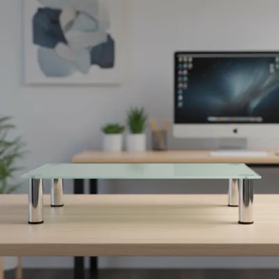 A monitor stand on a desk in an office setting.