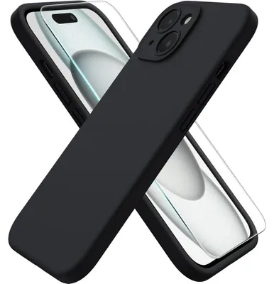 Immagine prodotto di Custodia in silicone per iPhone 15 con protezione per la fotocamera e pellicola protettiva, colore nero