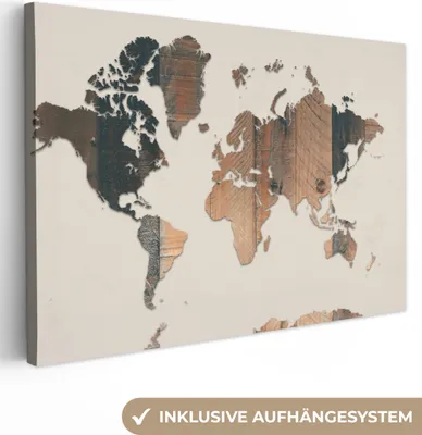 Produktbild von OneMillionCanvasses® - Leinwandbilder - 150x100 cm, Weltkarte - Holz - Beige, Wandbilder Kunstdruck Wanddekoration