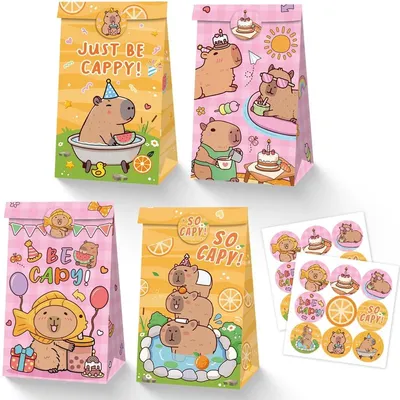 Produktbild von Capybara Papiertüten 12 Stk. mit 18 Stickern, 22x12x8 cm, Geburtstagsdeko