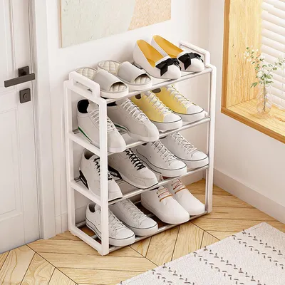 Produktbild von Schuhaufbewahrungsregal mit vier Ebenen und Schrankfunktion, stabiles Standregal und Schuh-Organizer für Turnschuhe, High Heels und Stiefel