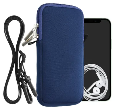 Produktbild von kwmobile Handytasche für Smartphones XXL - 7" - Neopren Handy Hülle Dunkelblau mit Kordel - Handy Tasche mit Handykette 17,7 x 8,5 cm Innenmaße