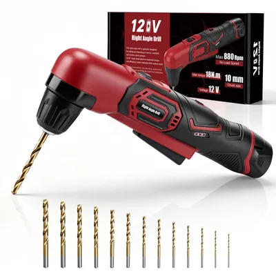 Produktbild von 12V Akku Winkelbohrmaschine 2,0Ah, 90° Kopf, 18 N·m, 2-Gang-Getriebe, 0-880RPM, 10mm Schlüsselloses Spannfutter, LED, 13 Bits, für Möbel/Kfz/Sanitär