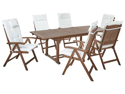 Produktbild von BELIANI Gartenmöbel Set Dunkelbraun und Cremeweiß Akazienholz 7-Teilig Ausziehtisch mit 6 Stühlen 6 Auflagen Klappbar Verstellbar Modern Terrasse