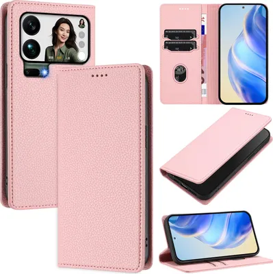 Produktbild von Litchi Leder Handyhülle für Xiaomi 17 Pro Max Wallet Kartenfächer Standfunktion Hülle Pink