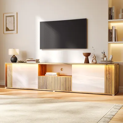 Obrázok produktu pre MODFU TV skrinka, 180 x 40 x 51 cm, s osvetlením, pod televízor pre 75-palcovú televíziu, TV nábytok s 2 dvierkami a zásuvkou, televízna komoda s úložným priestorom, biela + drevená farba