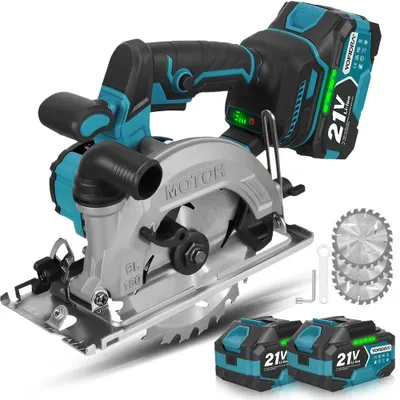 Image de Scie circulaire sans fil 150 mm Scies circulaires sans balais 6600 tr/min avec 2 batteries, 0-45° Scies circulaires électriques pour bois, métaux tendres, plastique, PVC