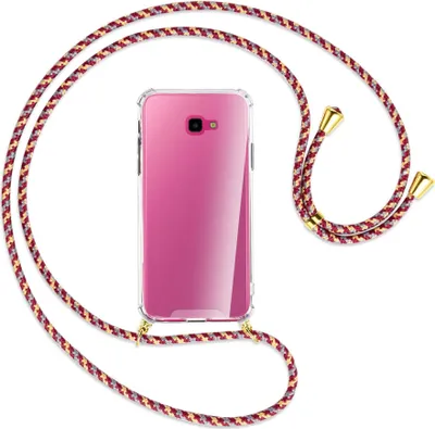 Produktbild von Handykette Backcover-Schutzhülle mit Band (Metall goldfarben) für Samsung Galaxy J4 Plus - weinrot/gelb/grau
