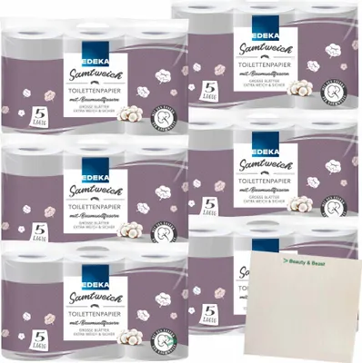 Produktbild von Edeka Samtweich Toilettenpapier 5 Lagig mit Baumwollfasern große Blätter extra weich und sicher 6er Pack (36 Rollen je 130 Blatt) + usy Block