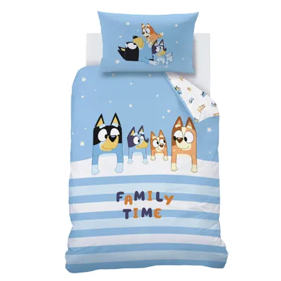 A Bluey themed baby bedding set laid out flat on a white background.