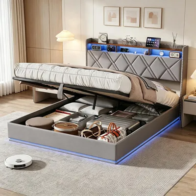 Zdjęcie produktu dla Łóżko tapicerowane INONEFT, model boxspring, 140x200 cm, z oświetleniem LED i ładowarką USB, łóżko młodzieżowe, podwójne, z listwowym materacem i hydraulicznym pojemnikiem na pościel, tkanina: len, kolor: szary