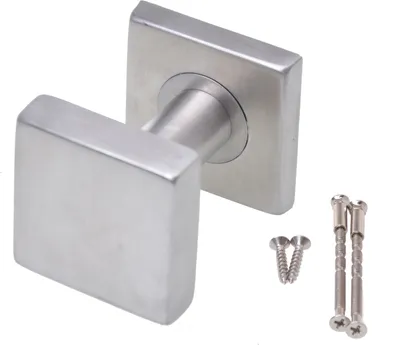 A square door knob and screws on a white background.