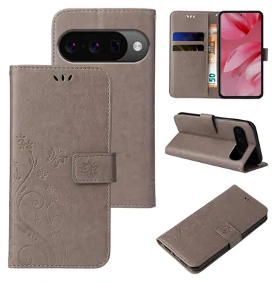 Produktbild von Handyhülle für Google Pixel 10 Floral Blumen Schmetterling Flip Cover Hülle Case Klapphülle Handytasche Farbe: Grau