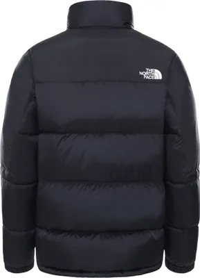 A black puffer jacket from The North Face, shown from the back.
