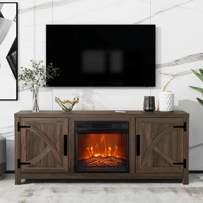 Imagen del producto de Mueble de TV Parrot Uncle con chimenea eléctrica, color marrón rústico, 147x40x62 cm, fabricado en MDF/madera, con mando a distancia y temporizador, ideal para salón y dormitorio