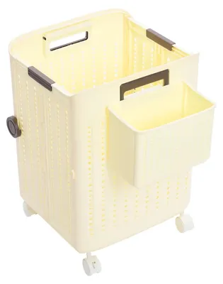 Produktbild von Wäschekorb - Faltbarer Wäschekorb mit Rollen - Stand- und Wandmontage - PP-Kunststoff - 4 Rollen 2 mit Bremse - 20 kg Tragkraft - Cremefarben