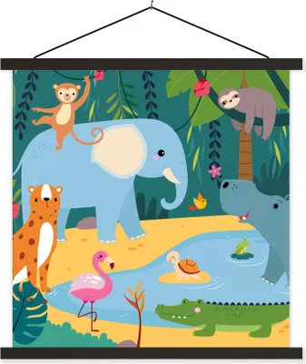 Produktbild von MuchoWow® Textilposter Dschungel - Elefant - Tiere 120x120 cm mit schwarzem Rahmen - Aufhängungsset