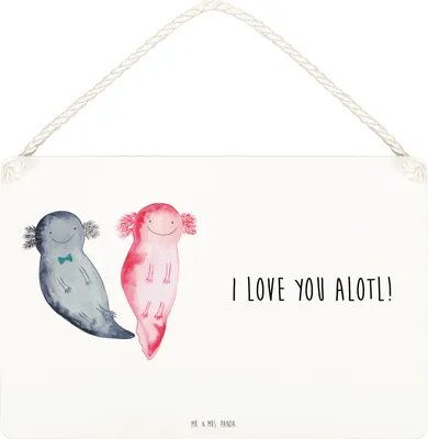 Produktbild von Mr. & Mrs. Panda holzbild Axolotl Liebe DIN A5 - Weiß - Geschenk, Valentinstag, Freundin, Mitbringsel, Hochzeitstag, wandtafel, für Frauen, Wandbild Holz, Holzschild