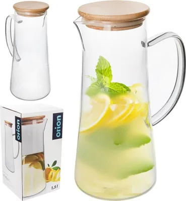 Obrázek produktu pro Orion džbán skleněný džbán skleněný džbán s bambusovou dřevěnou rukojetí na horké studené nápoje voda limonáda džus káva čaj svařené víno 1,5 l