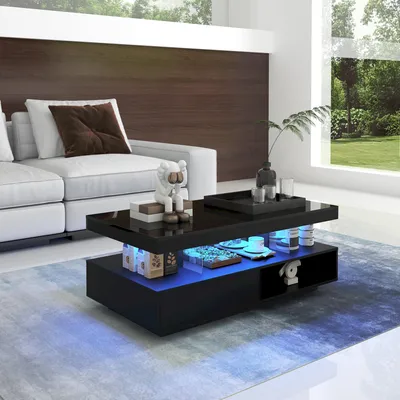 Productafbeelding van Salontafel, hoogglans, 95x50x42.5 cm, met 4 glazen plateaus, 2 lades, 2 open vakken, voor de woonkamer