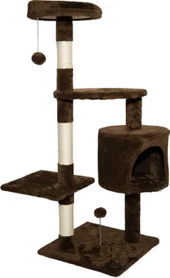 Produktbild von SPOCADO "Athletic" Kratzbaum | 112 x 40 x 40 cm | Mit Höhle, Plattform & Plüschbällen | Sisal-Kratzpfosten | Weicher Plüschstoff | braun | SCO-12
