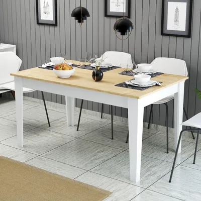 Produktbild von Skye Decor, Hochwertiger Esstisch, 145 x 75 x 88 cm, 100% melaminbeschichtete Spanplatte, 18 mm dick, Beine aus melaminbeschichtetem Holz, Weiß und Eiche, Modernes Design.
