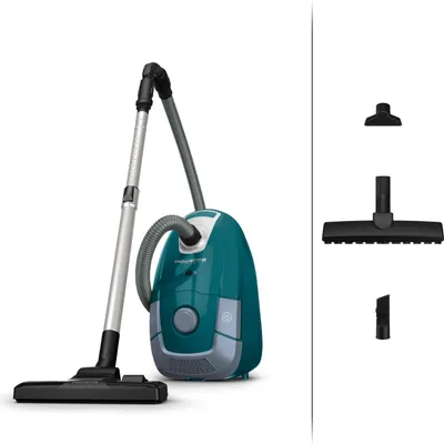 A teal and gray Rowenta vacuum cleaner with its accessories displayed on the right side against a white background.