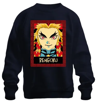 Imagen del producto de Sudadera con cuello redondo, estilo "uni", con motivos de Rengoku Kyojuro de la serie de anime "Demon Slayer", diseño de llama, ideal como regalo para coleccionistas, color azul marino, talla M