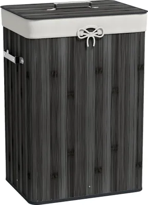 Image de Panier à linge - Rectangulaire Avec Couvercle - Pliable - Avec Poignées - 40×30×60 cm - Bambou - Gris Foncé