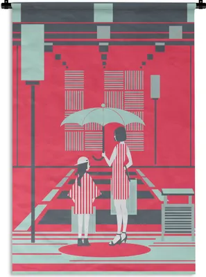 Produktbild von MuchoWow® Wandteppich Wandbehang Muttertag Illustration Mutter mit Kind und Regenschirm 90x135 cm Tapisserie Dekoration Wandtuch - Baumwolle - Wandskulptur