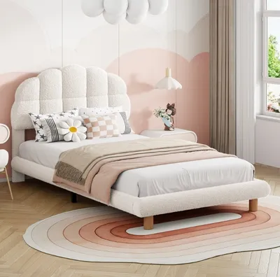 Obrázek produktu pro CDGlobal čalouněná postel jednolůžko 90x200cm postel pro mládež s roštem a mušlovitým čelem, masivní dřevěná postel dětská postel samet, bílá