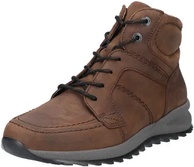 A single brown leather boot is shown against a white background.
