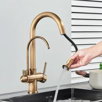 Produktbild von Küche Wasserhahn Dual Griff Heiß Kalt Trinkwasser Filter Wasserhahn Herausziehen Reinigung Funktion Wasserhähne